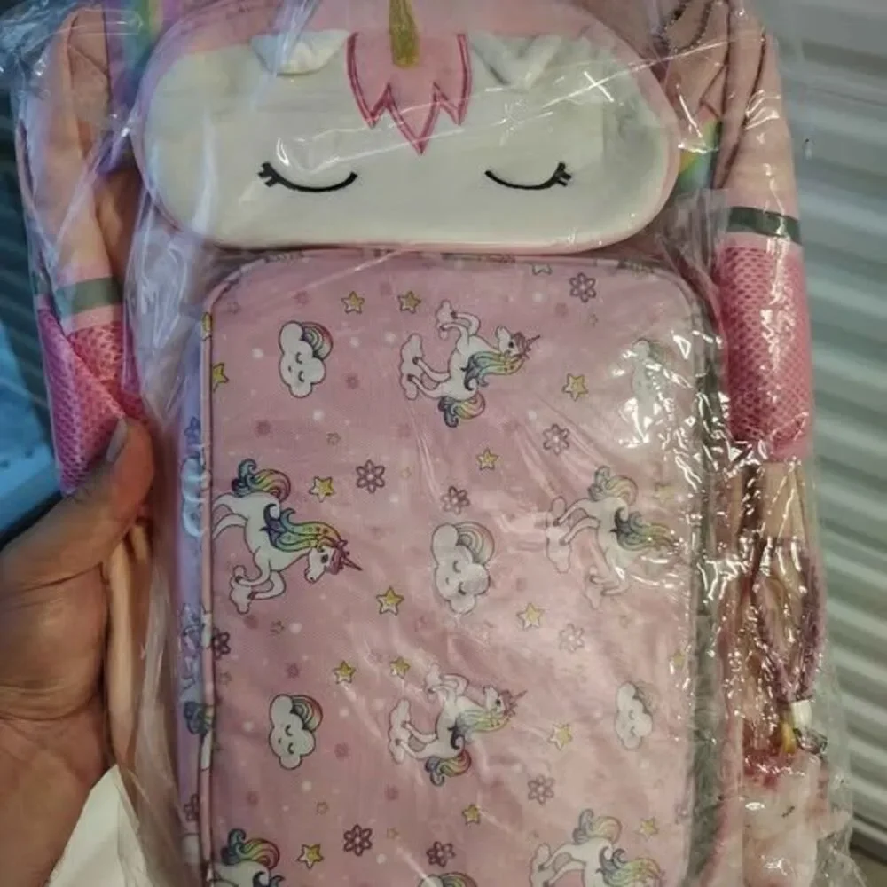 3 PCs Pink Kids Unicorn Backpack For Girl,Cartoon Large Capacity Pink
